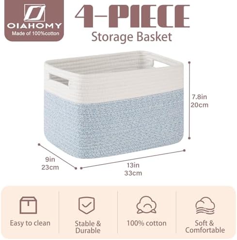 OIAHOMY 4 Pack Storage Basket, 13"x9"x7.8" Cotton Rope Baskets for Shelves, Closet Organizer for Bedroom & Living Room, Soft Decorative Bins for Organizing Towels, Books & Toys, Light Blue & White - Image 2