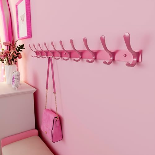 SKOLOO Coat Rack Wall Mounted - 10 Hooks, Heavy Duty, Stainless Steel, Metal Wall Hanger, Sturdy Coat Hooks for Hanging Coats, Jackets, Clothes, Hats - Pink - Image 4