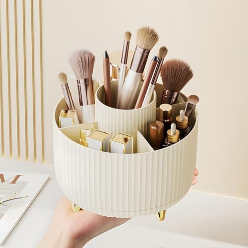 Diesisa Makeup Brush Holder Organizer,360° Rotating Makeup Brush Organizer,5 Slot Make up Brushes Cup for Cosmetics, Nail Polish, Art Supply, Bathroom Vanity Desktop Organizer - Cream by Home