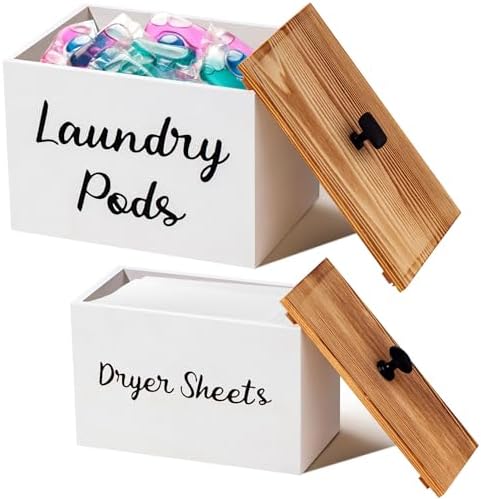 Dandat 2 Pcs Wood Rustic Laundry Dryer Sheet Holder Pod Container with Lid 8.7 x 6.3 x 6.4 Inch Laundry Pod Holder 7.3 x 3.7 x 5 Inch Dryer Sheet Dispenser Wooden Box Container(White) by Dandat