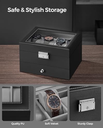 SONGMICS 8-Slot Watch Box, Lockable with Glass Lid, 2 Layers Watch Case - Image 3