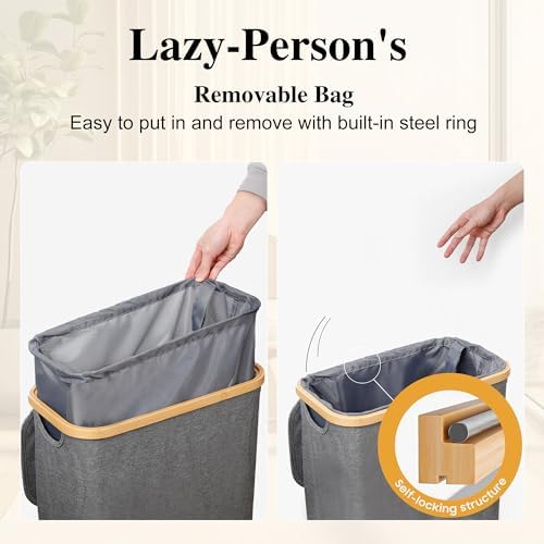 Foluck Slim Laundry Hamper, 60L Waterproof Narrow Laundry Basket with Lid and Removable Bag, Collapsible Tall Clothes Hamper with Bamboo Handles for Clothes Toys in Dorm Bedroom Bathroom, Grey - Image 3