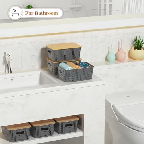Ohmlove 6 Pack Plastic Storage Baskets with Bamboo Lids for Organization - Image 6