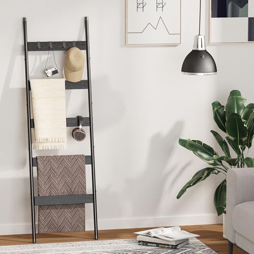 Blanket Ladder, 5-Tier Towel Holder with 4 Removable Hooks, Farmhouse Wall Leaning Decorative Rack Shelf, Wooden Towel Display Rack, Quilt Ladder for Living Room, Bedroom, Black - Image 3