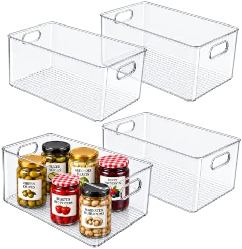 Plastic Food Storage 4 Pack Clear Container Bin with Handles for Organizing Kitchen, Pantry, Refrigerator, Freezer, Pantry, Cabinet, Closet, Bathroom. 12”x8”x5” by primebox