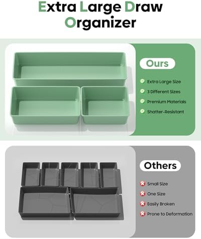 10 Pack Large Size Plastic Drawer Organizers Set, 3 Sizes Desk Drawer Organizer Trays, Storage Bins for Vanity, Makeup, Bathroom, Kitchen Utensils and Office (Green) - Image 3