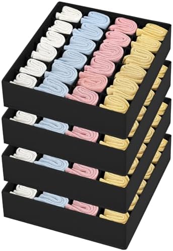 Joyoldelf Sock Drawer Organizer Divider Underwear Organizer 24-cell Fabric Dresser Drawer Organizers Storage Boxes for Socks Lingerie, Handkerchiefs, Ties 4 Pack (Black) by APPRECIATELIFERELAXYOURSOUL
