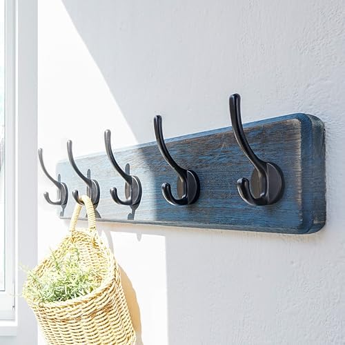 Dseap Coat Rack Wall: Patented, Heavy-Duty, 5-Double-Hooks Wooden Wall Mounted Coat Rack Coat Hanger Hook Rail for Winter Coats Hat Jacket Clothing, Weathered Blue - Image 2