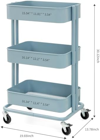 3 Tier Rolling Cart Metal Heavy Duty Utility Cart with Silent Caster Lockable Wheels Multi-Functional Organization Carts Storage Trolley with Mesh Shelves for Office Kitchen Living Room Blue - Image 2