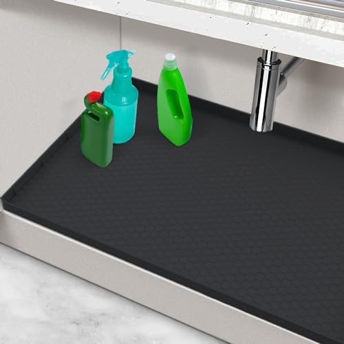 Under Sink Mat 28" x 22", Silicone Under Kitchen Sink Mat, Waterproof Under Sink Protector Mat, Shelf Liners Cabinet Liner for Kitchen and Bathroom, Black by MECHEER