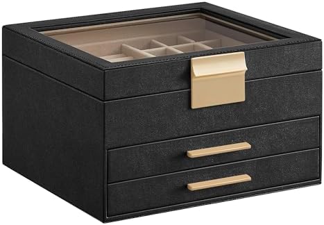 SONGMICS Jewelry Box Organizer, 3-Layer Storage with 2 Drawers, Glass Lid by SONGMICSbySONGMICSHOME