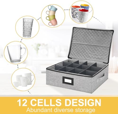 Coffee Mug Storage Box with Dividers, Durable China Storage Containers for Coffee Mugs, Tea Cups Storage Organizer with Lid, Handles, Label Window, Holds 12 Mugs, Hard Shell and Stackable (Grey) - Image 5