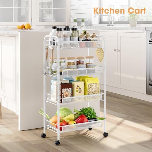TOOLF 4 Tier Rolling Cart, Metal Utility Storage Cart with Wheels, White - Image 2