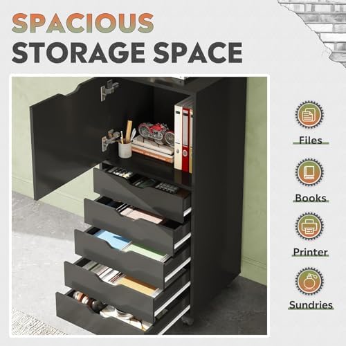 DEVAISE 5 Drawer Cabinet with 1 Door, Mobile Office File Cabinet, Black - Image 4