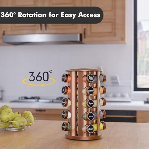 New England Stories Revolving Spice Rack Set with 20 Spice Jars, Kitchen Spice Tower Organizer for Countertop or Cabinet - Carousel Storage Includes 386 Spice Labels (Gold) - Image 3