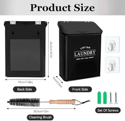 Fantasyon Magnetic Lint Bin with Lint Brush for Laundry Room Decor Farmhouse Rustic Metal Wall Mounted Lint Box Holder Keeper Organization Lint Trash Can with lid for Dryer (black) - Image 2