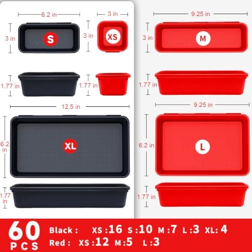 Tool Box Organizer Tray, 60 PCS & 5 Sizes, Black and Red - Image 2