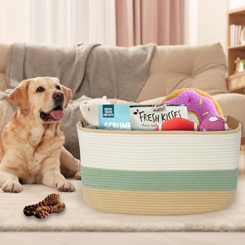 danpinera Large Woven Basket, 108L Rectangular Woven Storage Basket with Leather Handles, Stylish Organizer Bin for Home, Office, Laundry, Toys, or Blankets, 25’’*16’’*16’’ White & Green & Jute - Image 6