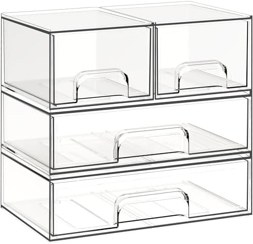 Criusia Stackable Storage Drawers, 4 Pack Clear Plastic Makeup & Bathroom Organizer, Versatile Storage Bins for Vanity, Under Sink, Kitchen Cabinets & Pantry by Criusia