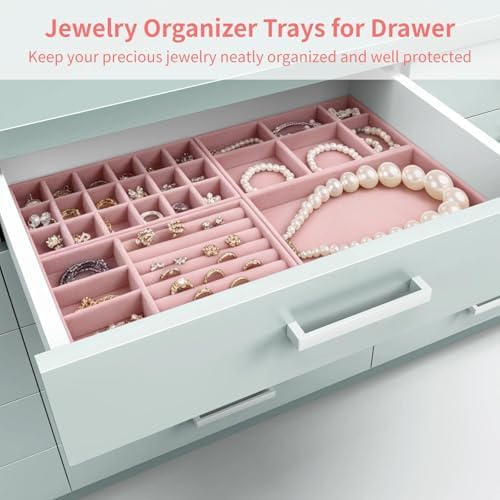 8 Pcs Jewelry Drawer Organizers, Velvet Jewelry Trays for Drawer, Stackable Jewelry Trays, Ideal for Rings, Earrings, Bracelets, Necklaces, Pink - Image 2