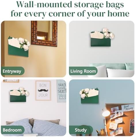 3 PCS Wall Mount PU Leather Mail Holder Green Faux Leather Letter Holder Stylish Wall Hanging Mail Storage 2 Ring Wall Mail Organizer for Flowers Envelope Key Notebooks Home Office Decor - Image 4