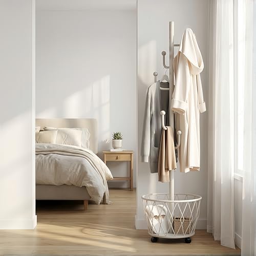 Off-White Moveable Cactus Metal Coat Rack with Basket Freestanding - Image 5