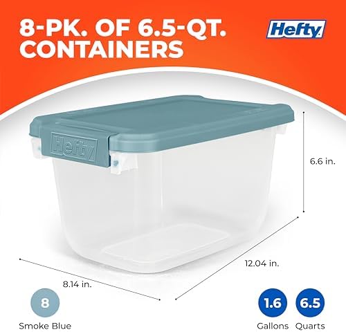 Hefty 6.5 Qt Hi-Rise Storage Bin with Lid, Stackable Plastic Storage Container, Organizer for Home, Office & Classroom, 8 Pack, Smoke Blue - Image 2