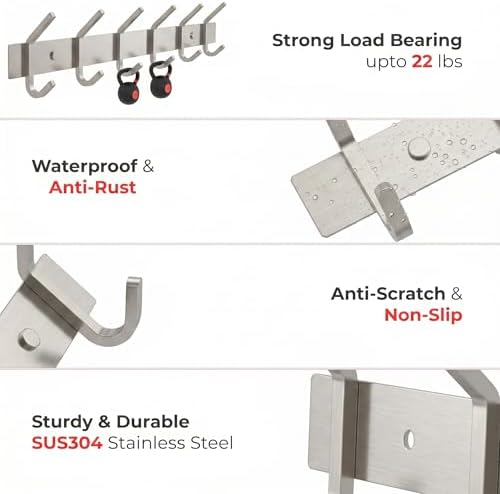 Coat Rack Wall Mount – Brushed Nickel 17 Inch Stainless Steel Hook Rail with 6 Heavy Duty Double Coat Hooks – Wall Mounted Coat Hanger for Entryway, Bathroom, Bedroom, Towel, Hat Organizer - 2 Pack - Image 3