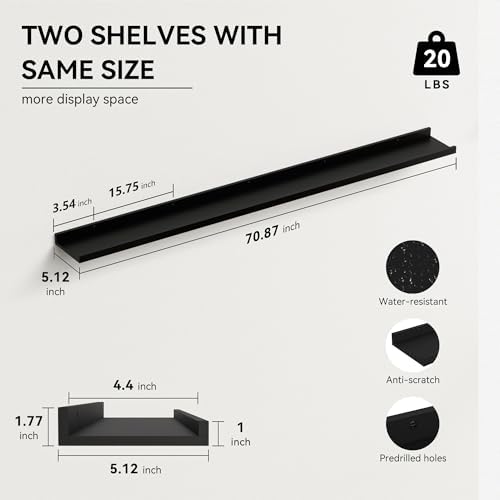 Boswillon Floating Shelves Set of 2, Long Wall Shelf with Lip, 72in, Black - Image 3