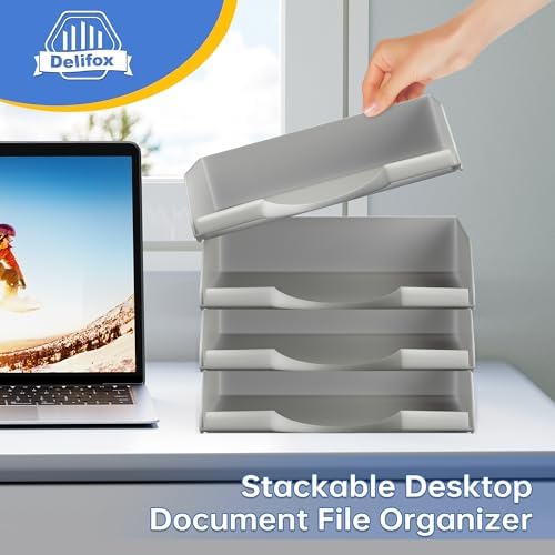 4 Pack Stackable Paper Trays for Letter Documents, Desktop File Organizers for Office Supplies, Stackable Desk Tray Holder for Paper Storage, Gray - Image 6