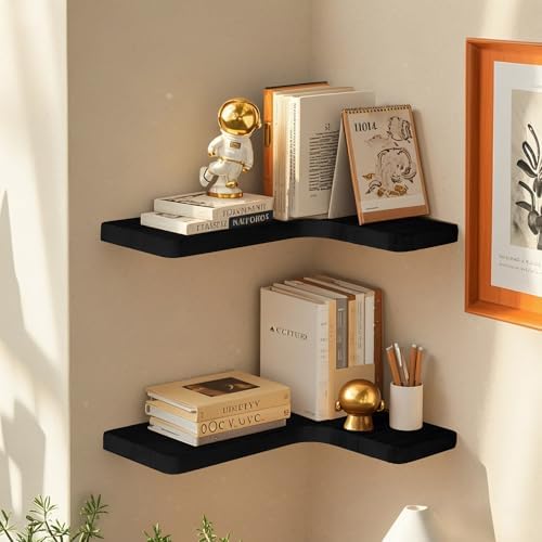Floating Corner Shelves Set of 3, Solid Wood Picture Wall Shelf, Floating Shelves for Storage for Bedroom Kitchen Bathroom Living Room (Black) - Image 5