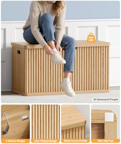 Akxomel 29.5" Fluted Storage Chest Wooden Storage Trunk 2 Safety Hinges Oak - Image 5