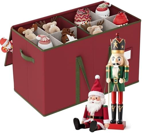 Christmas Figurine Storage Box for 15-Inch Figurines and Nutcrackers, Holiday Decor Organizer with Adjustable Dividers, 8 Slots and 2 Pockets, Dual Zippers, 600D Oxford, 24.8"x12.2"x15.2" ,Red by Unknown