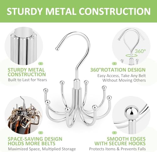 Belt Hanger for Closet, Rotating Belt Organizer, Holds 24 Belts, Silver - Image 4