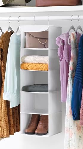 Whitmor 5 Tier Shelf Hanging Closet Organizer, Hanging Shelves with 2 Sturdy Metal Hooks,Foldable(White) by Whitmor