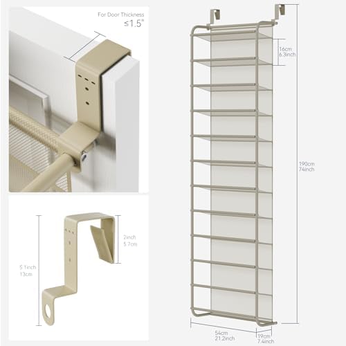 Whitmor 36 Pair Over The Door Shoe Organizer, 12 Tier Hanging Shoe Organizer, Heavy Duty Metal & Mesh Shoe Holder, Hanging Shoe Rack for Closet Organizer & Storage, 74" L x 21.7" W x 7.5" H, Oat - Image 2