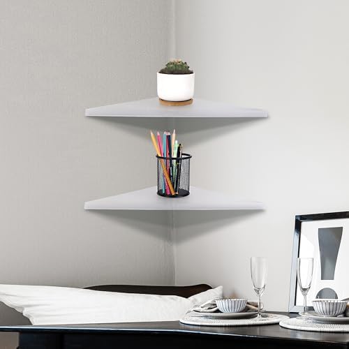 evron Corner Mounting Shelf Set of 2 – Easy to Install Floating Wall Shelves with Wood Grain Finish, Durable and Waterproof ABS Plastic for Kitchen, Bathroom, Living Room Home Décor (Clear) - Image 2