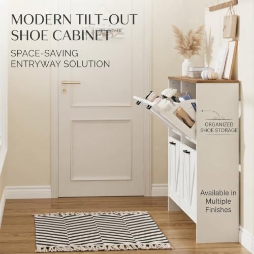 Nicetree Shaker Barn Door Shoe Cabinet, 4 Flip Drawers & 3Tier Adjustable Shelves, Ultra Slim Freestanding, Modern Rustic Brushed White Farmhouse Shoe Rack for Entryway, Hallway, Foyer & Mudroom White - Image 6