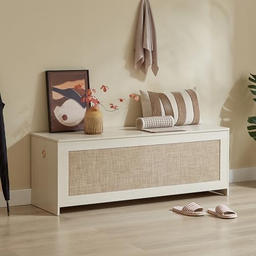 51.2" Storage Chest Large,Wooden Rattan Storage Bench.(White Cream) - Image 5