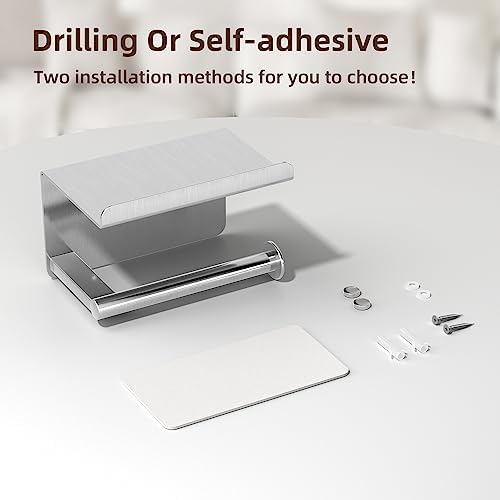 Adhesive Toilet Paper Holder with Shelf, Stainless Steel, Silver - Image 4
