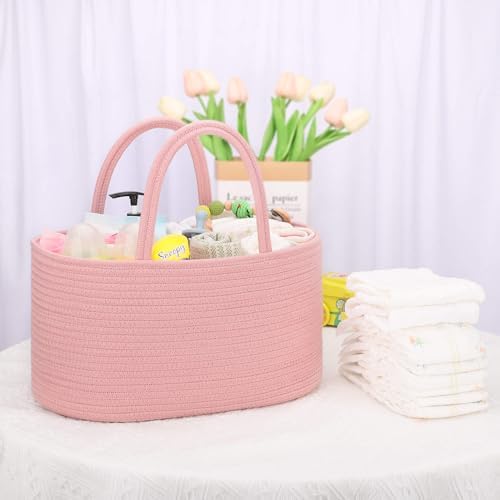 COMSE Large Cotton Rope Baby Diaper Caddy Organizer for Girls, Dusty Pink - Image 7