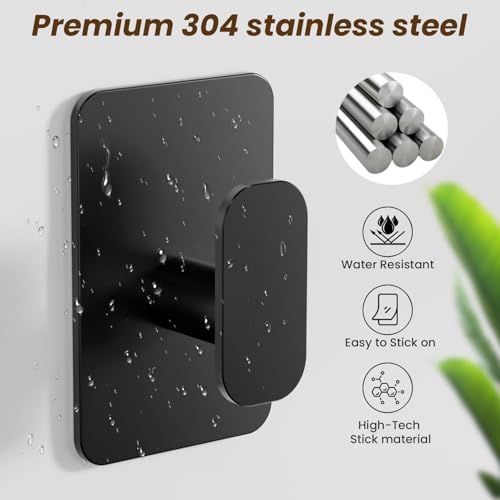 Large Heavy Duty Wall Hooks - 26lb Max, Stainless Steel Adhesive Towel Hooks for Hanging Towel, Coat, Robe, Hat, Sticky Towel Holder for Wall Mount in Bathroom, Shower, Kitchen (Black, 4 Pack) - Image 6