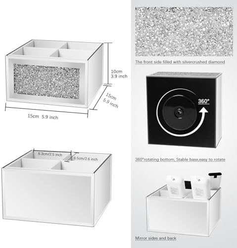 360 Rotating TV Remote Control Holder Caddy Storage for Table, Silver Bling Crushed Diamond Organizer for Pens and Pencils, Make Up Brushes - Image 6