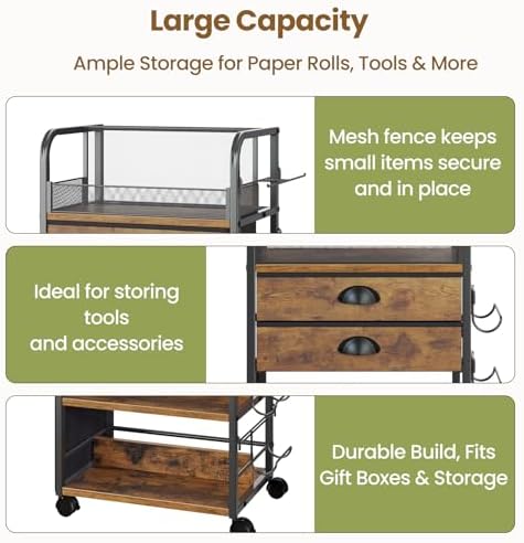 Wrapping Paper Storage Cart with 2 Fabric Drawers, Side Pockets and Hooks - Image 6