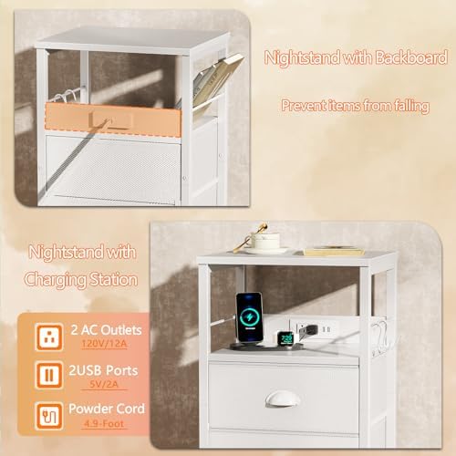 Furologee Night Stand with Charging Station, 2 Fabric Drawers, White - Image 5