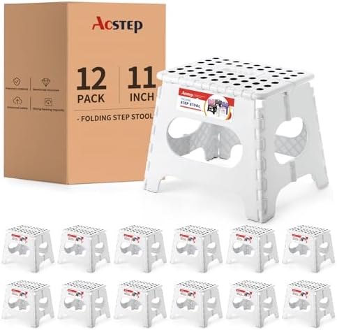 ACSTEP 12 Pack 11 Inch Folding Step Stool, Sturdy Plastic Foldable Step Stool for Kids & Adults, Non Slip Lightweight Collapsible Foot Stools Holds 300 lbs, Ideal for Kitchen, Bathroom, Outdoor, White by ACSTEP