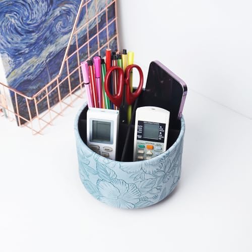 Round Leather Art Supply Organizer,Remote Control Holder,360 Degree Spinning,Multi-Functional Pencil Holder,4 Compartments Desktop Stationary Organizer(1-Carved Light Blue) - Image 6