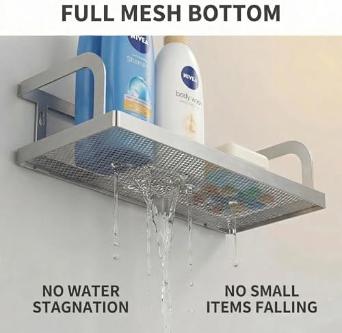 PUSDON 2-Pack Wide Hollowout Shower Caddy & Spice Rack, Wall Mount Bathroom Organizer with Mesh Bottom, Easy Access Cabinet Door Shelf Holds 50LBS - Silver Gray, Hollowout - Image 4