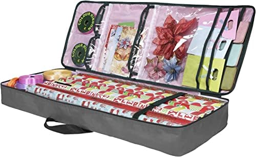 Christmas Wrapping Paper Storage Bag with Pockets | Gift Wrap Organizer Container | 37” x 14” x 4” | Underbed Durable Box Made of 600D Oxford Material (Gray) by Primode