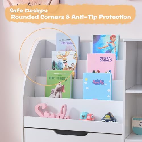 Fatmok Kids Bookshelf and Toy Storage, 2 Pack 58.5’’ Toy Organizer with Movable Chests & 3 Storage Bins, Large Kids Reading Nook with 5 Cubbies for Playroom, Bedroom, Nursery, White - Image 6